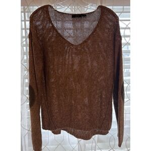 RDI Brown Knit V-Neck Long Sleeve Pullover Sweater with Elbow Patches Size L